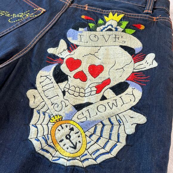 Ed Hardy Love Kills Slowly Embroidered Skull Jean Shorts men’s size 36 Y2K - Picture 7 of 10